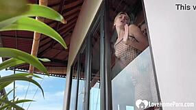 blonde bombshell bent over for morning standing doggy then drops for cumshot blowjob