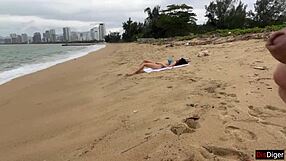 Babe can I cum on your small natural tits during public beach flashing handjob?