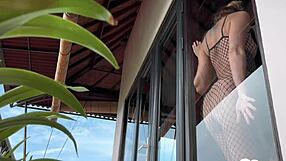 blonde bombshell bent over for morning standing doggy then drops for cumshot blowjob