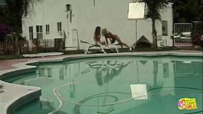 Naughty pool play busty blonde brunette pussy licking?