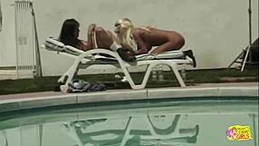 Naughty pool play busty blonde brunette pussy licking?