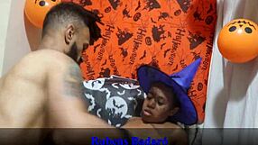 bent over halloween witch latina takes big black cock in her ass riding