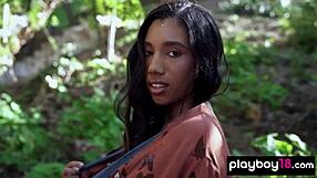 hot ebony brookliyn wren strips outdoor revealing huge natural tits and shaved pussy