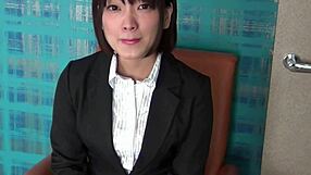 japanese apparel clerk teases muscular pussy lips with blowjob fantasy