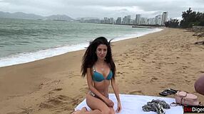 Babe can I cum on your small natural tits during public beach flashing handjob?