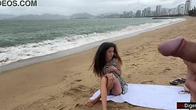 Babe can I cum on your small natural tits during public beach flashing handjob?