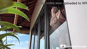 blonde bombshell bent over for morning standing doggy then drops for cumshot blowjob