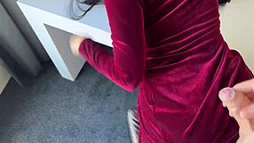 Velvet dressed brunette milf by window bends over for doggystyle cum on ass