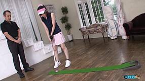 Young Asian sucks old man's cock deepthroat after indoor golf practice fingering