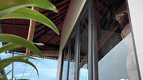 blonde bombshell bent over for morning standing doggy then drops for cumshot blowjob