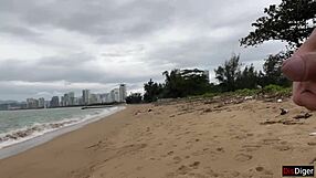 Babe can I cum on your small natural tits during public beach flashing handjob?