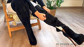 secretary kneels for boss in white leggings black boots 👠😈