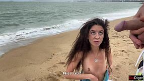 Babe can I cum on your small natural tits during public beach flashing handjob?