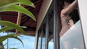 blonde bombshell bent over for morning standing doggy then drops for cumshot blowjob