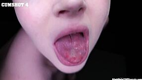 Gloryhole eve gulps down thick cum loads coating her tongue and face completely