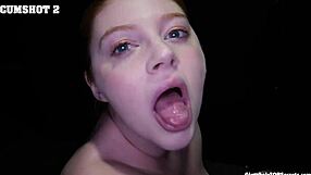 Gloryhole eve gulps down thick cum loads coating her tongue and face completely
