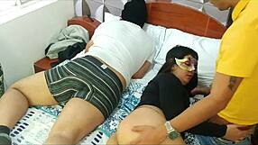 Drunk friends share latina girlfriend's big ass in bedroom double penetration orgy
