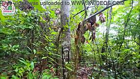 thai teen picks mushrooms in forest and ends up surprised