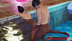 Annie's bikini slips off for tied-up cowgirl on big dick then pool doggystyle cumshot?