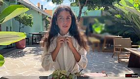 Friend Cums on Face in Cafe for Sperm Eating Public Cumwalk Flashing Skirt