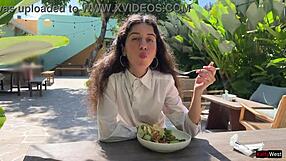 Friend Cums on Face in Cafe for Sperm Eating Public Cumwalk Flashing Skirt