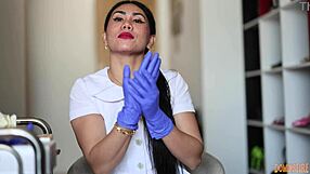 nurse in shiny latex gloves teases patient with rubber fetish asmr whispers