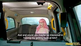 fake taxi pink haired babe bent over, pussy creampied after cowgirl on big cock