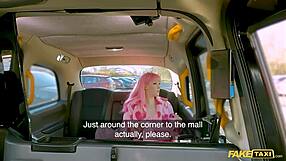 fake taxi pink haired babe bent over, pussy creampied after cowgirl on big cock