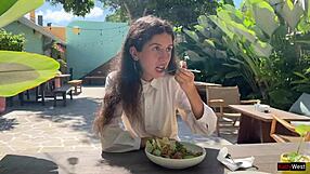 Friend Cums on Face in Cafe for Sperm Eating Public Cumwalk Flashing Skirt