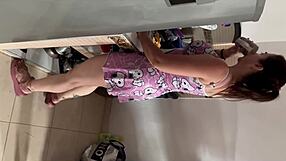 spying on horny stepmom's naked kitchen romp