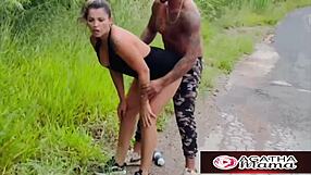 agatha milf caught fucking young stud outdoors big ass pussy after workout cum on tits
