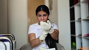 nurse in shiny latex gloves teases patient with rubber fetish asmr whispers