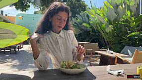 Friend Cums on Face in Cafe for Sperm Eating Public Cumwalk Flashing Skirt