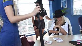 Three Police Cosplay Chicks Ride One Hard Cock Cowgirl Doggystyle Office Bang