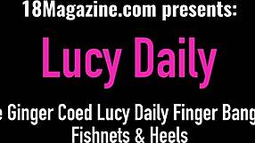 Cute Redhead Coed Lucy Daily Fingers Herself in Fishnets and Heels