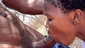 Black ebony with big pussy takes monster cock creampie in forest pickup