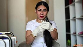 nurse in shiny latex gloves teases patient with rubber fetish asmr whispers