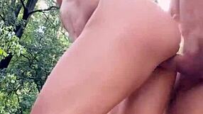 Moans echo through woods in cute petite rough outdoor forest sex romp