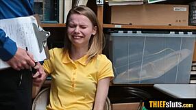 Petite Blonde Russian Teen Thief Begs Officer Not to Humiliate Her Small Tits in Office
