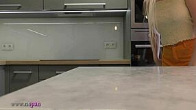 Blonde Coed's Long Legs Spread in Heels Miniskirt Exposing Bare Ass Kitchen