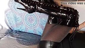 Petite milf in total black latex fishnets pantyhose over-knee boots heels sexy brunette ass