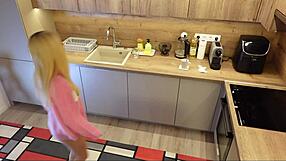 Petite Skinny Blonde Girlfriend Teases Pink Panties and Legs in Kitchen Flash