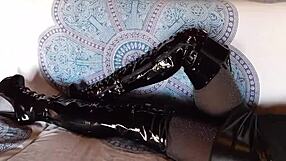 Petite milf in total black latex fishnets pantyhose over-knee boots heels sexy brunette ass