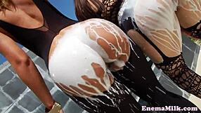 bodysuited babes get milkcovered and facialized in messy group