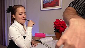 instead of studying she drops knees for sloppy deepthroat blowjob on my cock