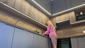 Petite Skinny Blonde Girlfriend Teases Pink Panties and Legs in Kitchen Flash
