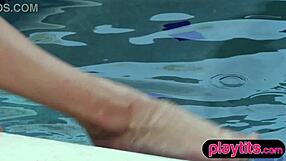 Petite tattooed blonde teases lingerie strip by pool revealing bubble butt