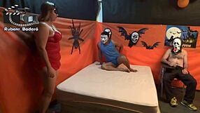 Chubby Halloween babe bent over takes big cocks doggystyle from mr rola and gauchito