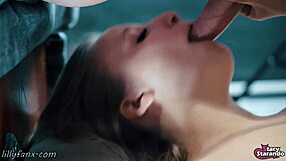 Skinny teen slut's close-up mouth begs for huge cock cum gulp