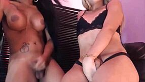 blonde tranny and brunette couple stroke cocks on webcam show